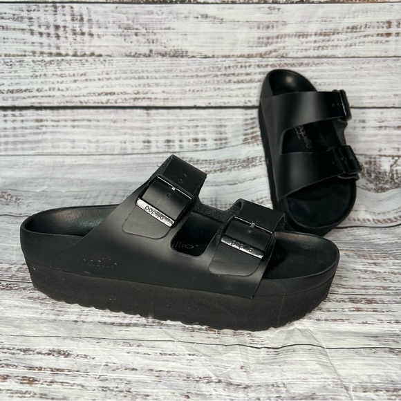 Birkenstock Shoes - Birkenstock Papillio Arizona 39 Platform Sandals Slides All Black Leather 8-8.5